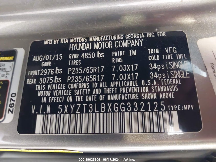 2016 Hyundai Santa Fe Sport 2.4L VIN: 5XYZT3LBXGG332125 Lot: 39625605