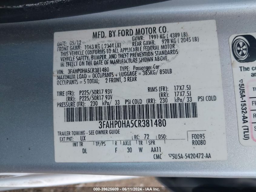 2012 Ford Fusion Se VIN: 3FAHP0HA5CR381480 Lot: 39625609