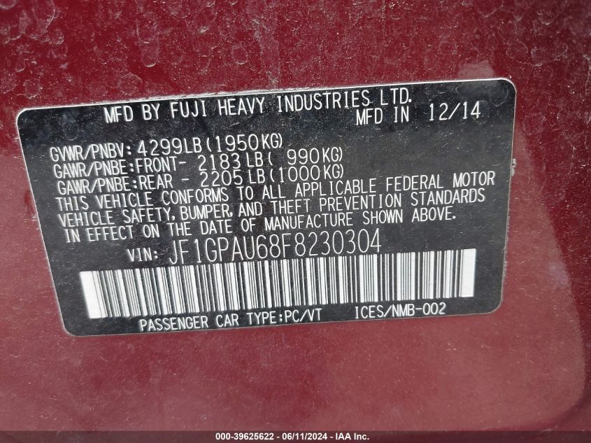 2015 SUBARU IMPREZA 2.0I SPORT PREMIUM - JF1GPAU68F8230304