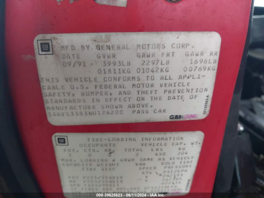 1992 Cadillac Allante VIN: 1G6VS3383NU126200 Lot: 39625623