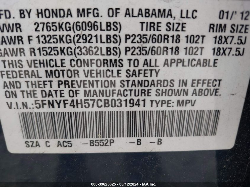 2012 Honda Pilot Ex-L VIN: 5FNYF4H57CB031941 Lot: 39625625