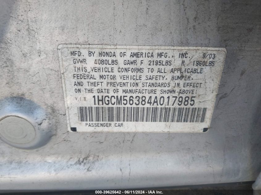 2004 Honda Accord 2.4 Lx VIN: 1HGCM56384A017985 Lot: 39625642