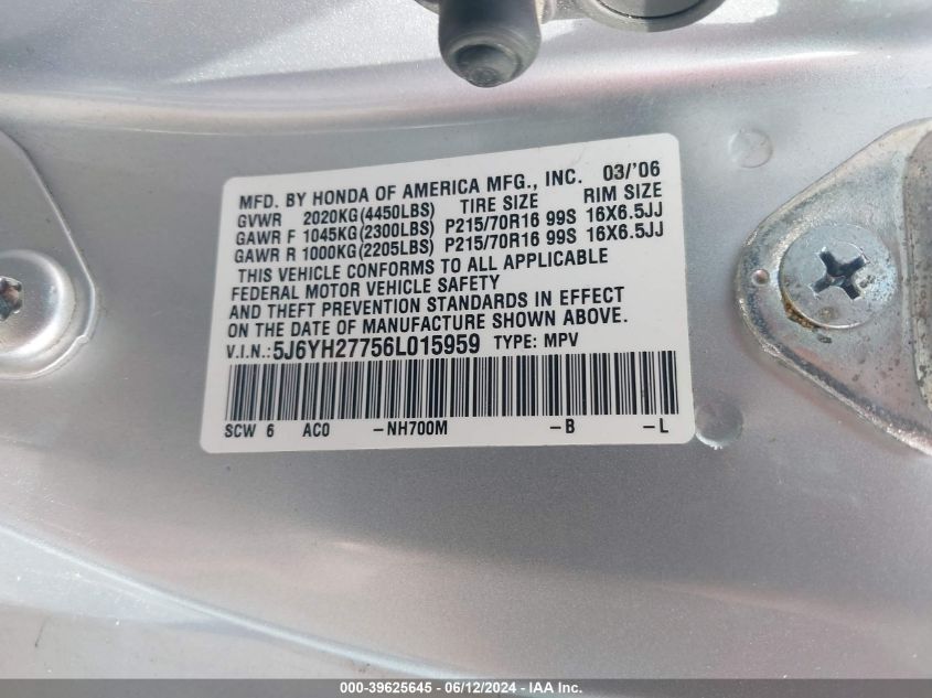 2006 Honda Element Ex-P VIN: 5J6YH27756L015959 Lot: 39625645