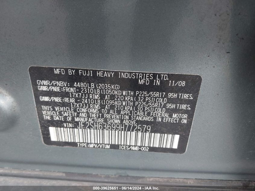 2009 Subaru Forester 2.5X VIN: JF2SH63699H772579 Lot: 39625651