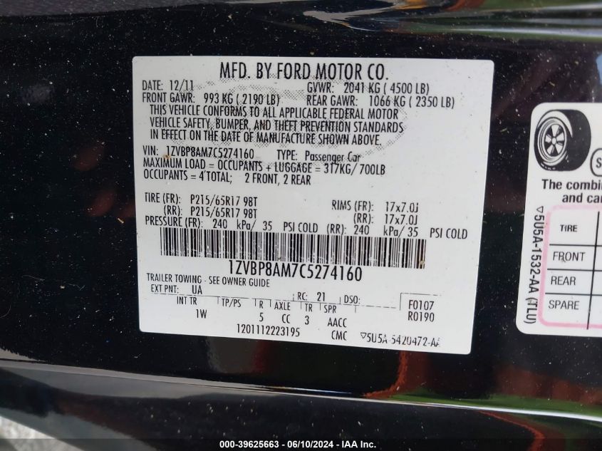2012 Ford Mustang V6 VIN: 1ZVBP8AM7C5274160 Lot: 39625663
