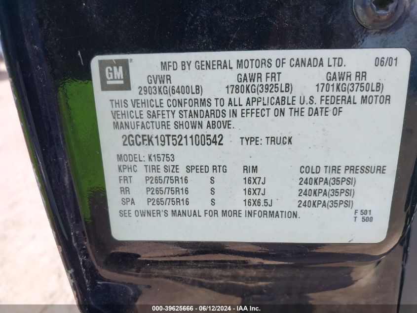 2002 Chevrolet Silverado 1500 Ls VIN: 2GCEK19T521100542 Lot: 39625666