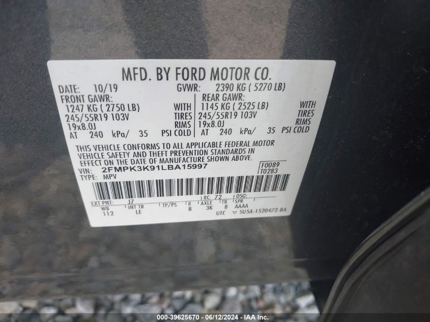 2020 Ford Edge Titanium VIN: 2FMPK3K91LBA15997 Lot: 39625670