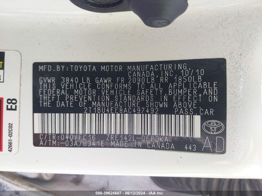 2010 Toyota Corolla Le VIN: 2T1BU4EE8AC497492 Lot: 39625687