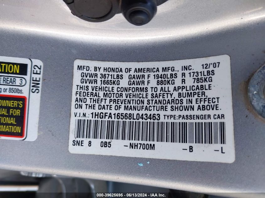 2008 Honda Civic Lx VIN: 1HGFA16568L043463 Lot: 39625695