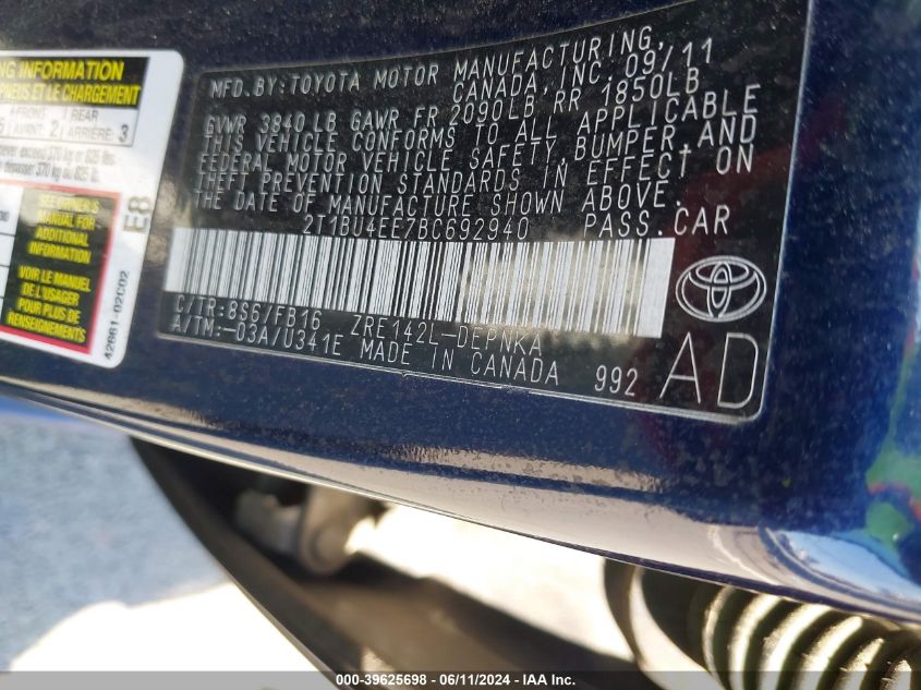 2011 Toyota Corolla Le VIN: 2T1BU4EE7BC692940 Lot: 39625698