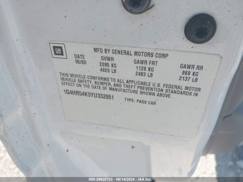 2000 Buick Lesabre Limited VIN: 1G4HR54K9YU332861 Lot: 39625703