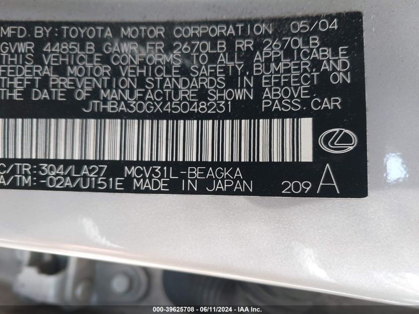 2004 Lexus Es 330 VIN: JTHBA30GX45048231 Lot: 39625708