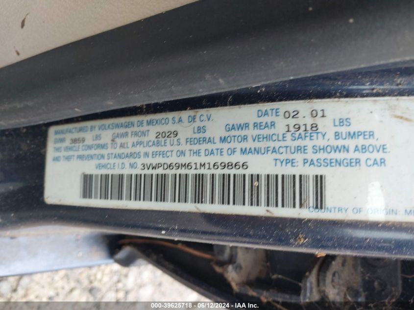 2001 Volkswagen Jetta Wolfsburg VIN: 3VWPD69M61M169866 Lot: 39625718
