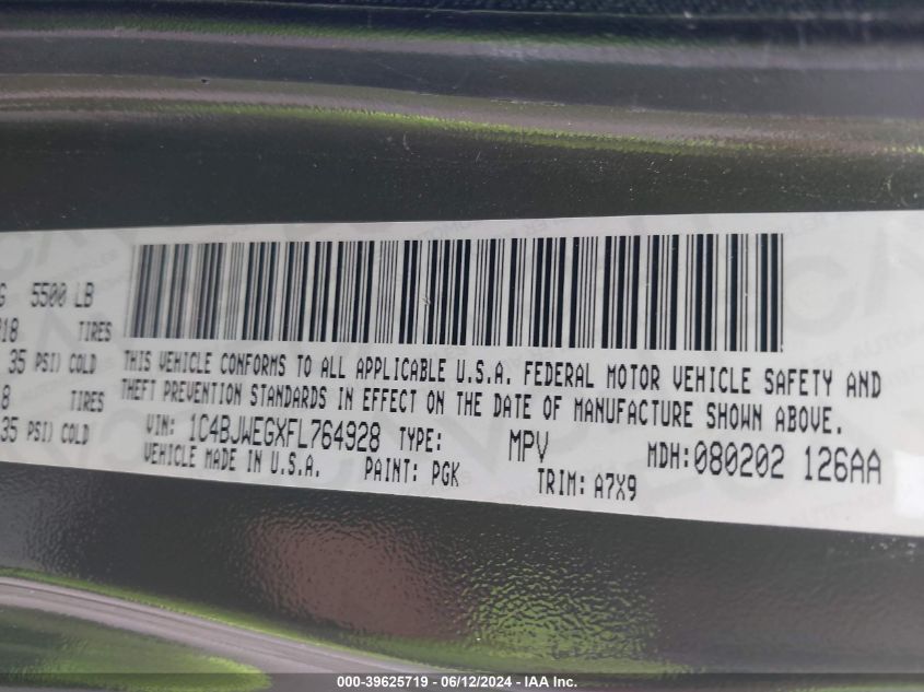 2015 Jeep Wrangler Unlimited Sahara VIN: 1C4BJWEGXFL764928 Lot: 39625719