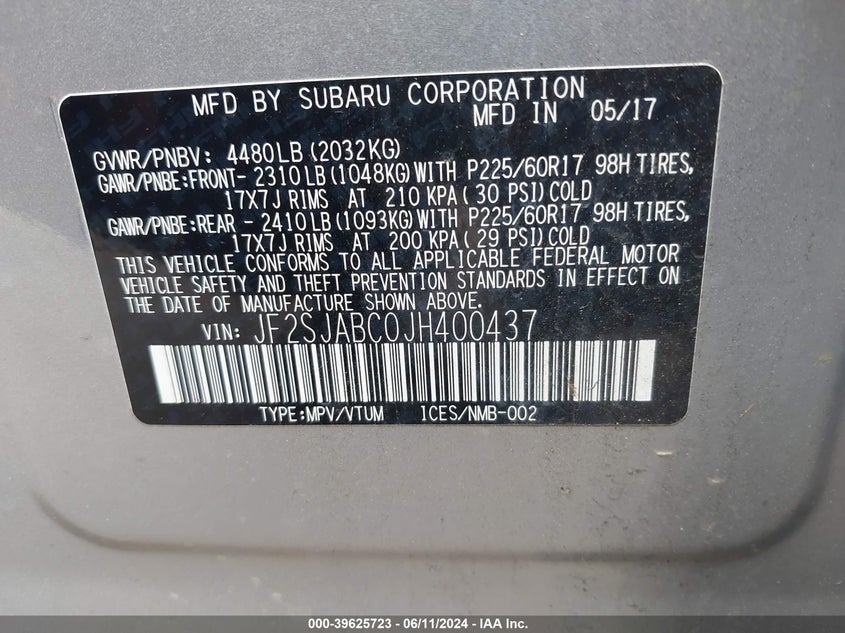 2018 Subaru Forester 2.5I VIN: JF2SJABC0JH400437 Lot: 39625723