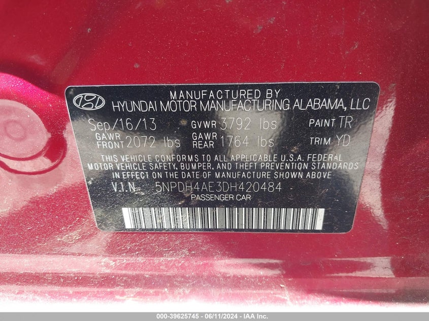 2013 Hyundai Elantra Gls VIN: 5NPDH4AE3DH420484 Lot: 39625745