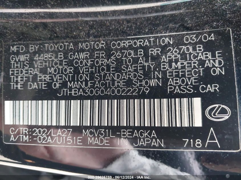 2004 Lexus Es 330 VIN: JTHBA30G040022279 Lot: 39625759