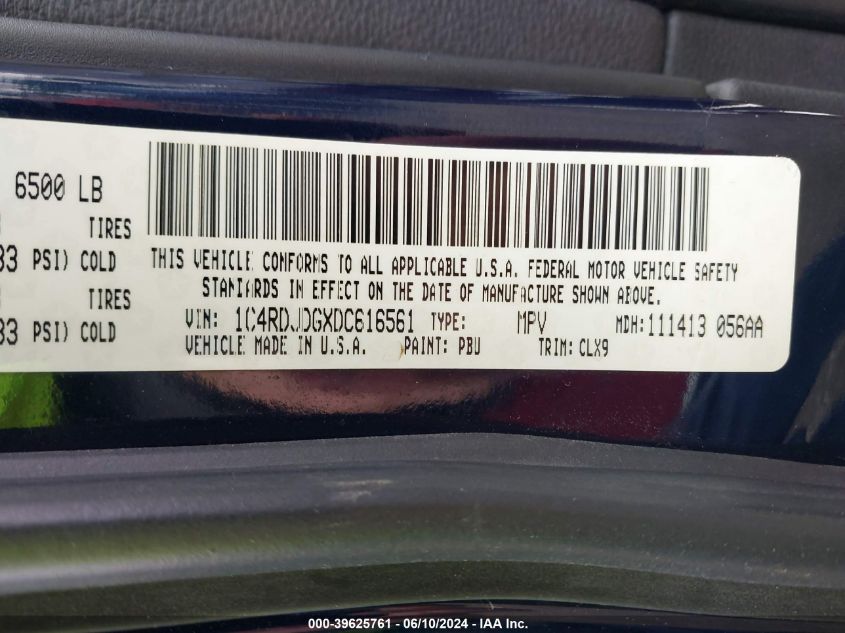 2013 Dodge Durango Crew VIN: 1C4RDJDGXDC616561 Lot: 39625761