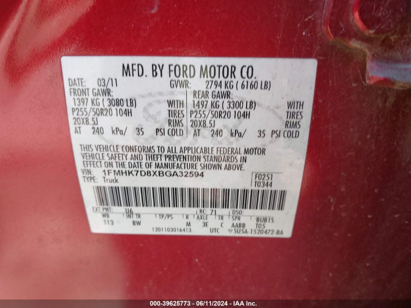 2011 Ford Explorer Xlt VIN: 1FMHK7D8XBGA32594 Lot: 39625773