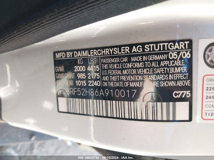 2006 Mercedes-Benz C 230 Sport VIN: WDBRF52H86A910017 Lot: 39625792