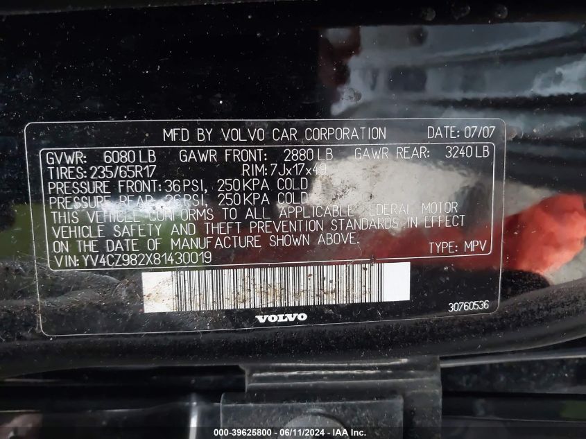 2008 Volvo Xc90 3.2 VIN: YV4CZ982X81430019 Lot: 39625800
