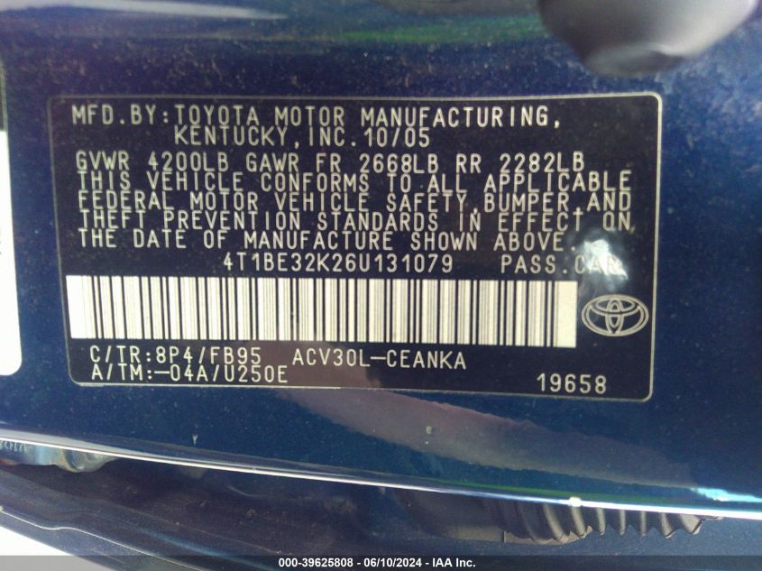 4T1BE32K26U131079 | 2006 TOYOTA CAMRY