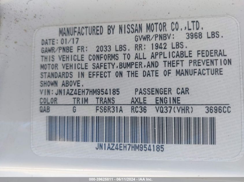 2017 Nissan 370Z Sport Tech VIN: JN1AZ4EH7HM954185 Lot: 39625811