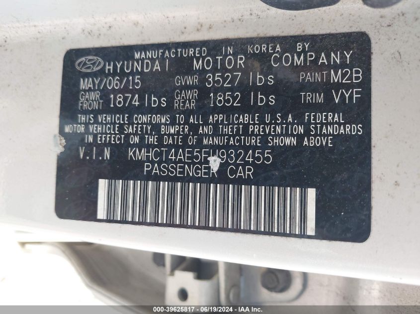 2015 Hyundai Accent Gls VIN: KMHCT4AE5FU932455 Lot: 39625817