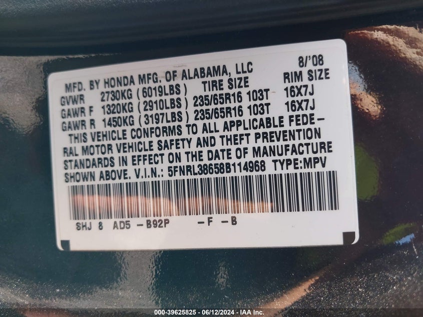 2008 Honda Odyssey Ex-L VIN: 5FNRL38658B114968 Lot: 39625825