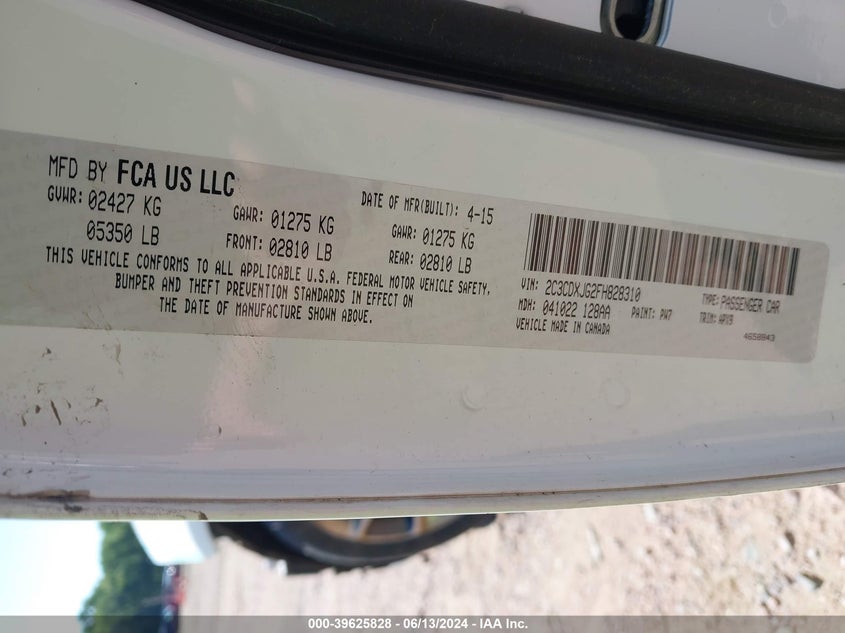 2015 Dodge Charger Sxt VIN: 2C3CDXJG2FH828310 Lot: 39625828