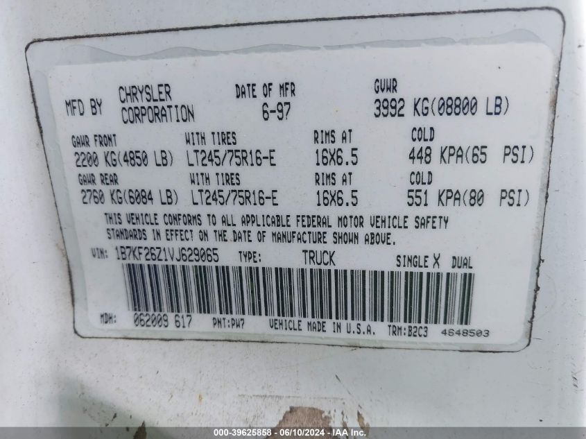 1997 Dodge Ram 2500 Lt VIN: 1B7KF26Z1VJ629065 Lot: 39625858