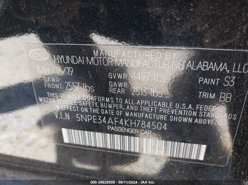 5NPE34AF4KH784504 2019 Hyundai Sonata Sel