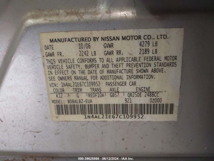 2007 Nissan Altima 2.5 S VIN: 1N4AL21E67C109952 Lot: 39625866