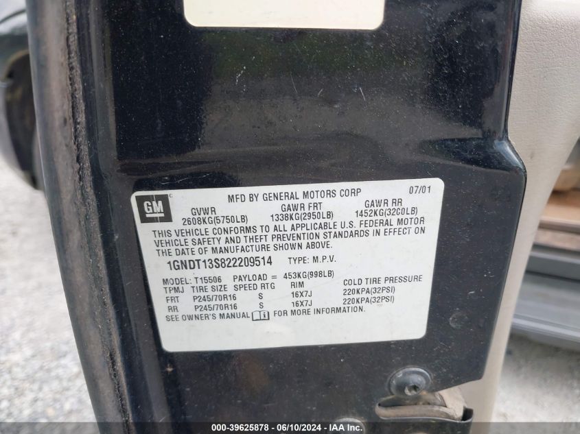 2002 Chevrolet Trailblazer Lt VIN: 1GNDT13S822209514 Lot: 39625878