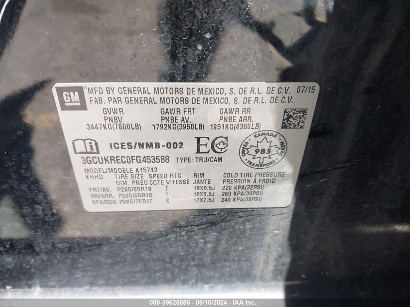 2015 Chevrolet Silverado 1500 1Lt/2Lt VIN: 3GCUKREC0FG453588 Lot: 39625886
