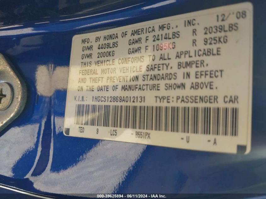 2009 Honda Accord 2.4 Ex-L VIN: 1HGCS12869A012131 Lot: 39625894