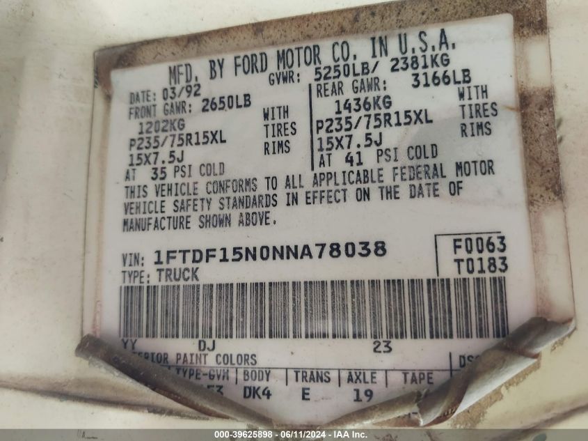 1992 Ford F150 VIN: 1FTDF15N0NNA78038 Lot: 39625898