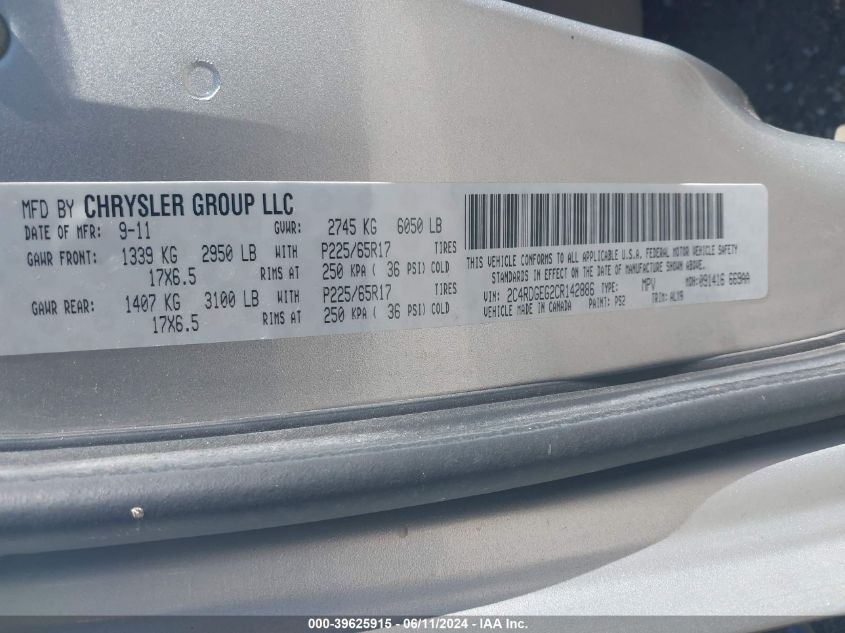 2012 Dodge Grand Caravan R/T VIN: 2C4RDGEG2CR142886 Lot: 39625915