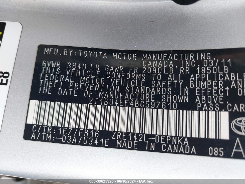 2011 Toyota Corolla Le VIN: 2T1BU4EE4BC597610 Lot: 39625920