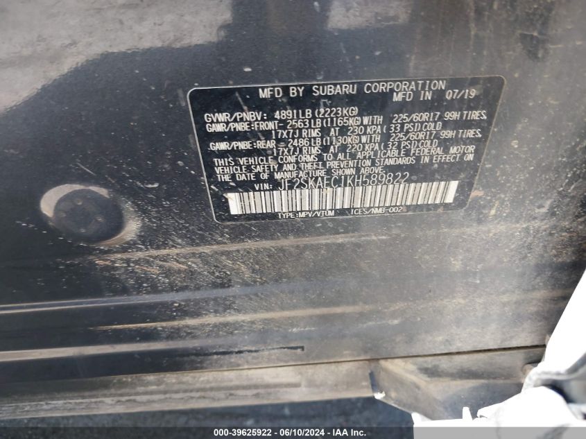 2019 Subaru Forester Premium VIN: JF2SKAEC1KH589822 Lot: 39625922