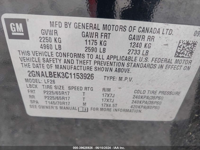 2012 Chevrolet Equinox Ls VIN: 2GNALBEK3C1153926 Lot: 39625926