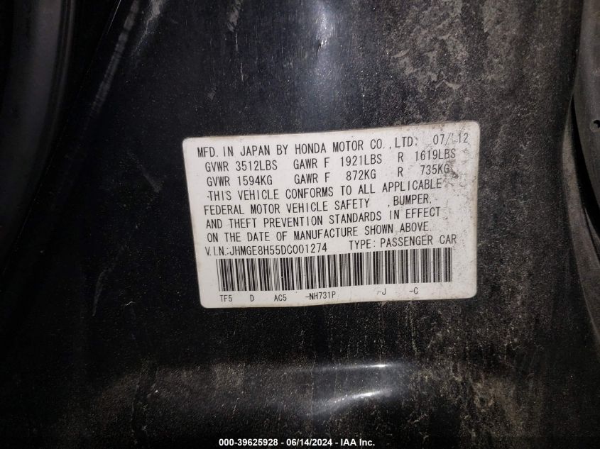2013 Honda Fit Sport VIN: JHMGE8H55DC001274 Lot: 39625928
