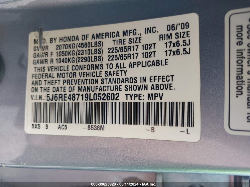 2009 Honda Cr-V Ex-L VIN: 5J6RE48719L052602 Lot: 39625929