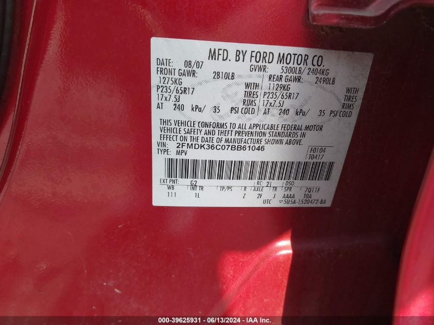 2007 Ford Edge Se VIN: 2FMDK36C07BB61046 Lot: 39625931