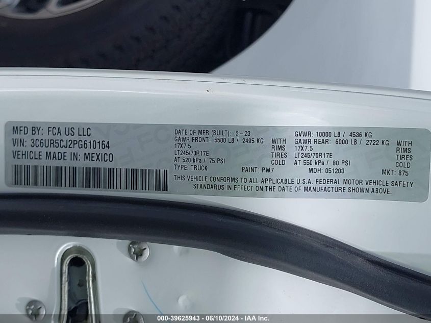 2023 Ram 2500 Tradesman 4X4 6'4 Box VIN: 3C6UR5CJ2PG610164 Lot: 39625943