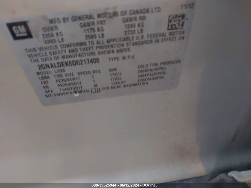 2013 Chevrolet Equinox 1Lt VIN: 2GNALDEK6D6217408 Lot: 39625944