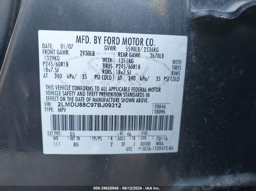 2007 Lincoln Mkx VIN: 2LMDU88C97BJ09312 Lot: 39625945