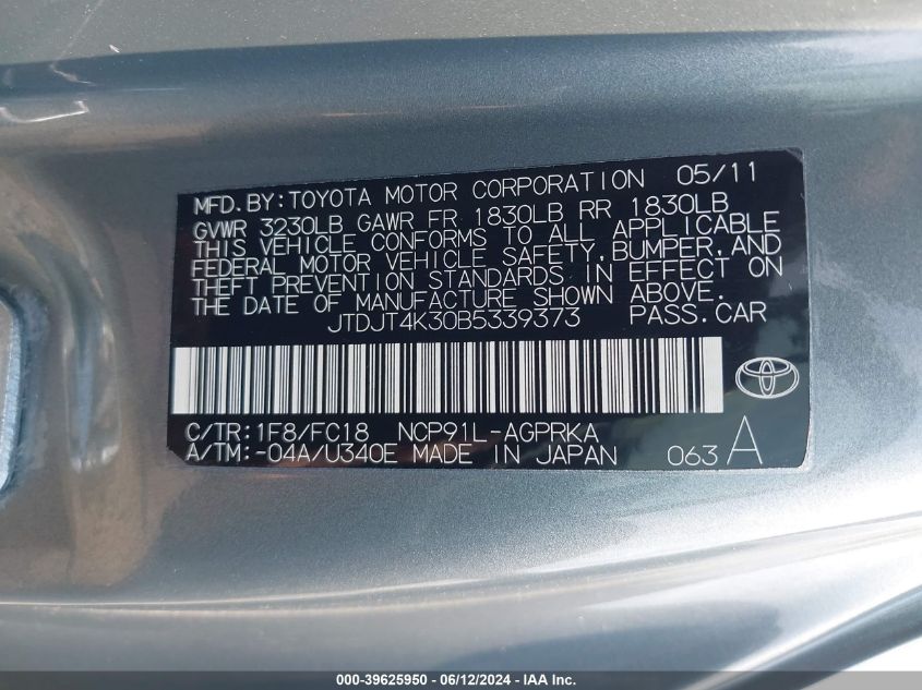 2011 Toyota Yaris VIN: JTDJT4K30B5339373 Lot: 39625950