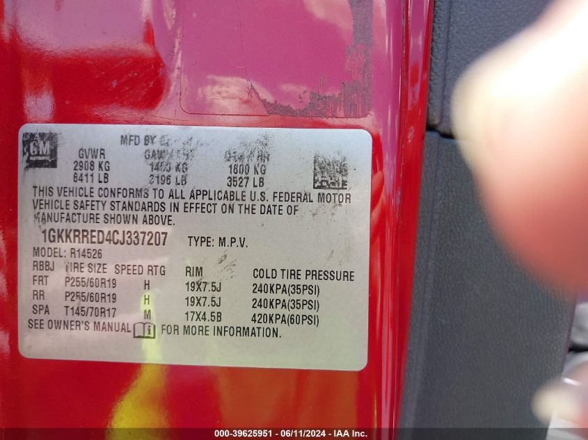 2012 GMC Acadia Slt-1 VIN: 1GKKRRED4CJ337207 Lot: 39625951