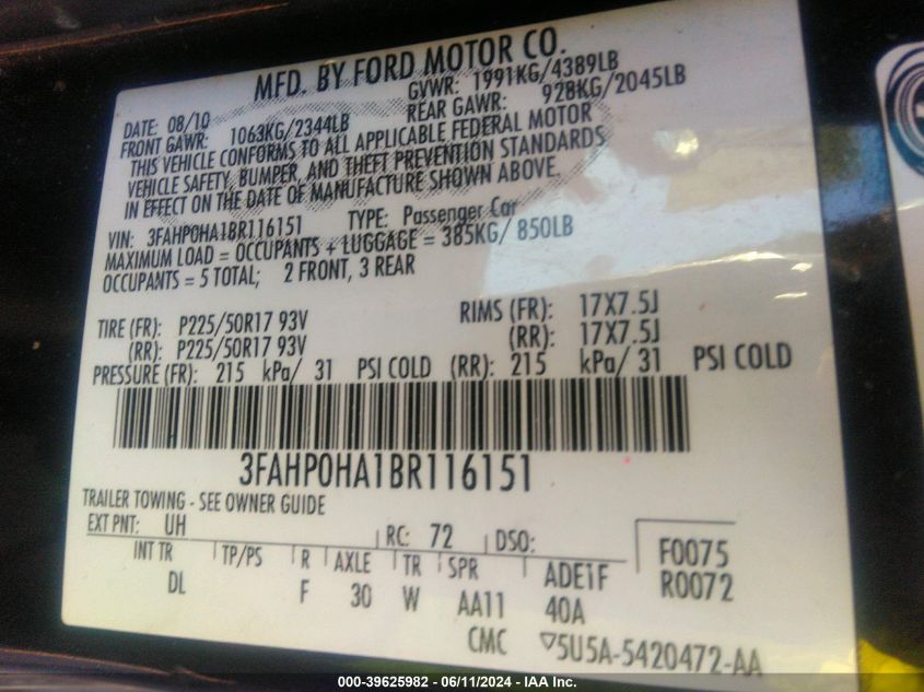 2011 Ford Fusion Se VIN: 3FAHP0HA1BR116151 Lot: 39625982